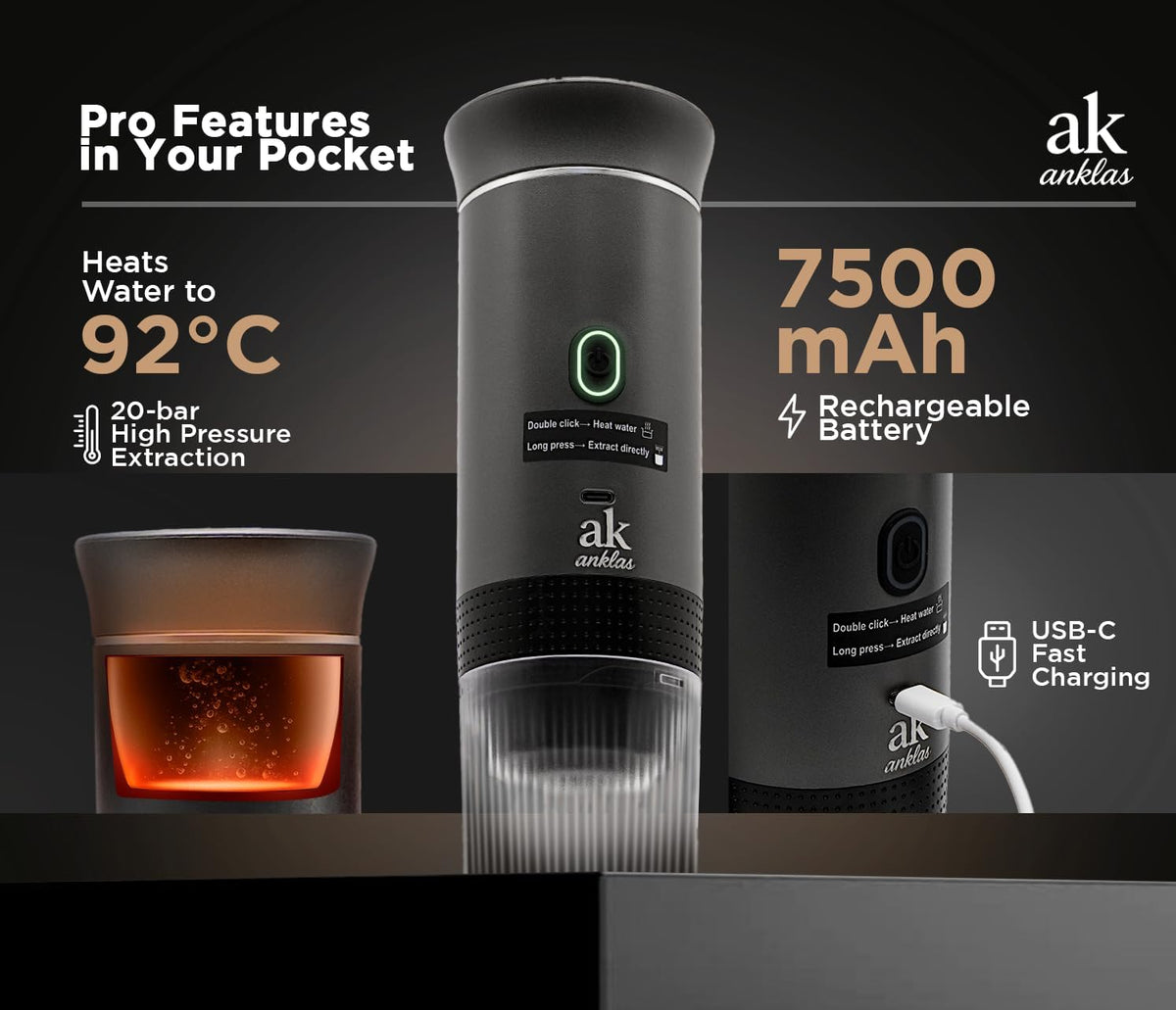 3-in-1 Portable Coffee Maker – Electric Espresso Machine for Travel – Compatible with Ground Coffee, NS & DG Capsules – USB-C Rechargeable Portable Espresso Maker (Gray)