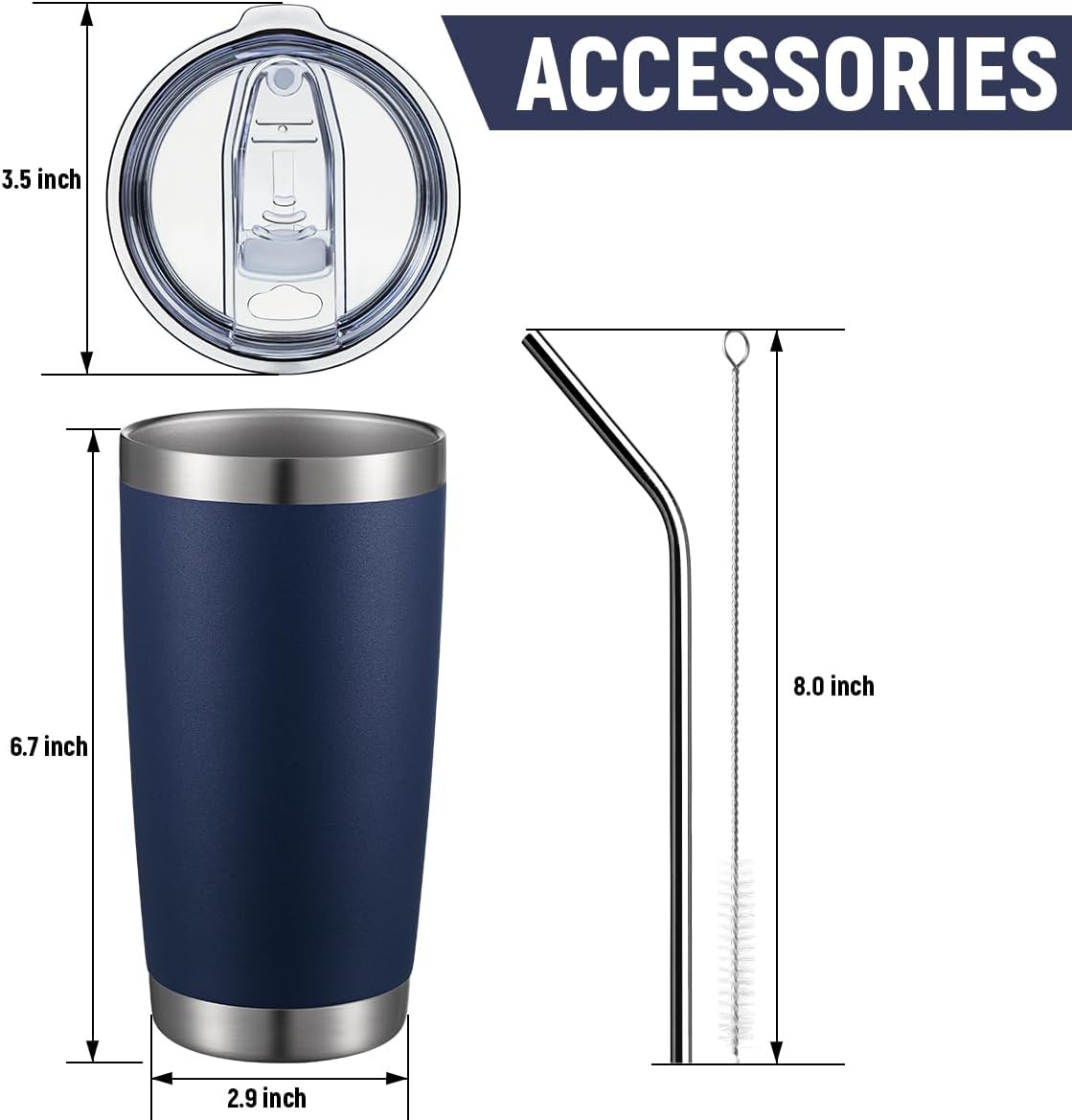 COMOOO 20oz Double Wall Vacuum Insulated Travel Mug, Stainless Steel Tumbler with Lid and Straw Durable Powder Coated Insulated Coffee Cup for Cold & Hot Drinks (Navy. 2 pack