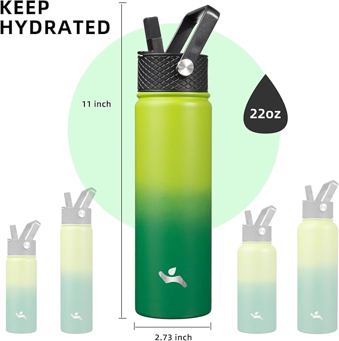 22oz Stainless Steel Bottles with 3 Lids Sport Insulated Water Bottle,Bamboo Grove