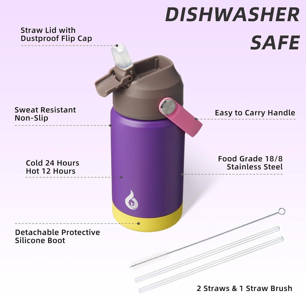 BJPKPK Insulated Water Bottle with Straw Lid, 12oz Thermos Water Bottles with Soft Nozzle, Flex Handle & Non-slip Boot, BPA Free Leak Proof Stainless Steel Metal Thermos, Tumblers, Cups,Violet