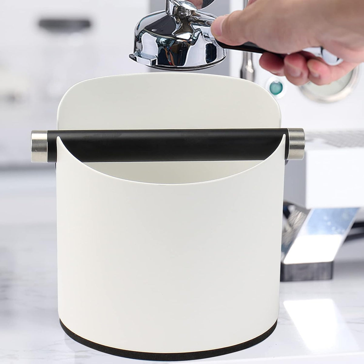 Coffee Knock Box, Espresso Knock Box Stainless Steel Espresso Machine Accessories with Removable Knock Bar and Non-Slip Base Coffee Grounds Container Bin, Large (White)