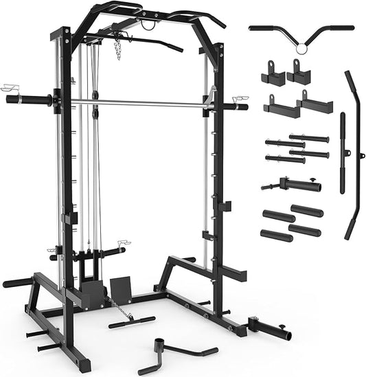 Smith Machine, Power Rack with LAT Pulldown System, Power Cage with Cable System, Squat Rack for Home Gym with Chest Press Machine, Spotter Arms, Leg Curl Attachment and More