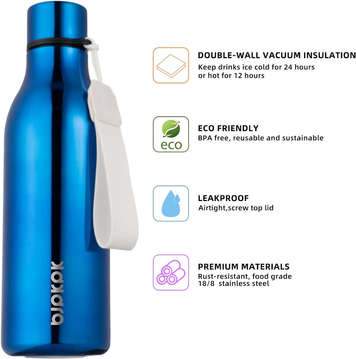 BJPKPK Insulated Water Bottles, 18 oz Stainless Steel Metal Water Bottle with Strap, BPA Free Leak Proof Thermos, Mugs, Flasks, Reusable Water Bottle for Sports & Travel, Shining Blue