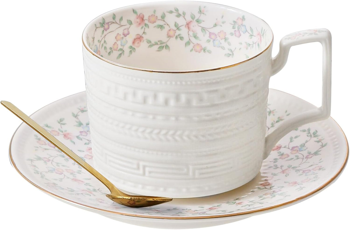 8.8 oz Cappuccino Cups with Saucers and Spoons,Embossed Bone China tea cups and Saucer Sets,3 Pieces, Vintage Style,Coffee Cup & Saucer Set For Women Wedding/Birthday/Christmas Gift