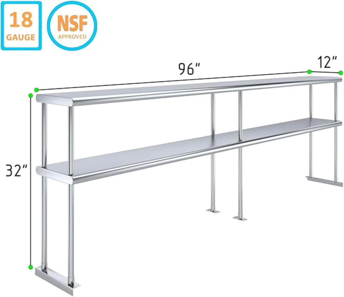 NSF Certified 18 Gauge Heavy Duty Stainless Steel Double overshelf with Brackets for Kitchens, Utility Rooms, Storage, Offices & Home (96" x 12")