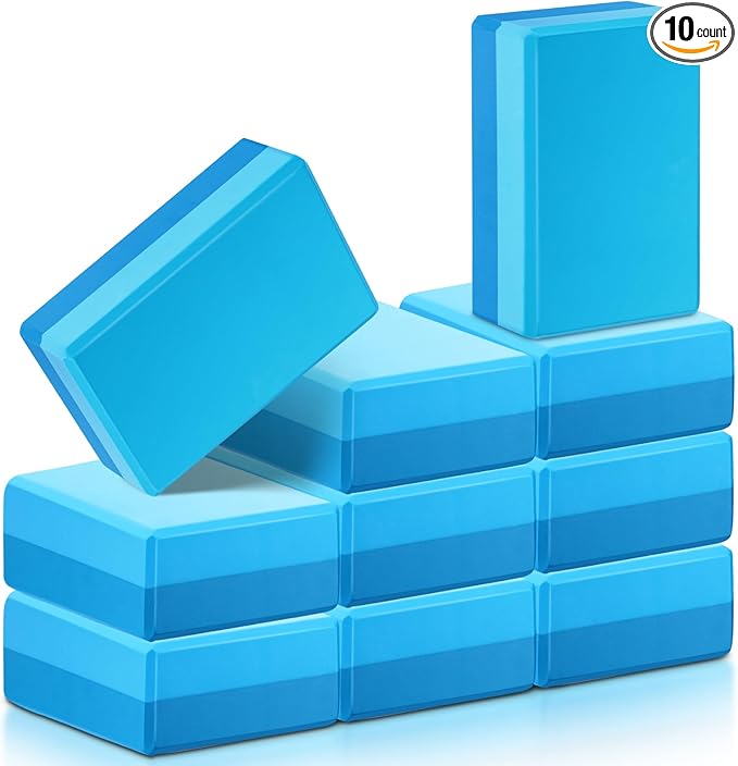 Liliful 10 Pcs Yoga Blocks Bulk Eva Foam Exercise Yoga Brick Soft Non Slip Surface Foam Blocks High Density Yoga Accessories for Workout Stability Balance Deepen Stretches Pilates 9''x6''x3''(Blue)