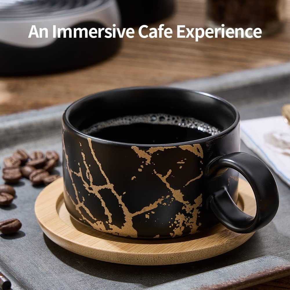 LUKA Porcelain Espresso Cup with Metal Stand, 6 Ounce Stackable Ceramic Demitasse Espresso Mugs Cappuccino Cups Set for Latte,Coffee,Cafe Mocha,Tea(Set of 4,Black)