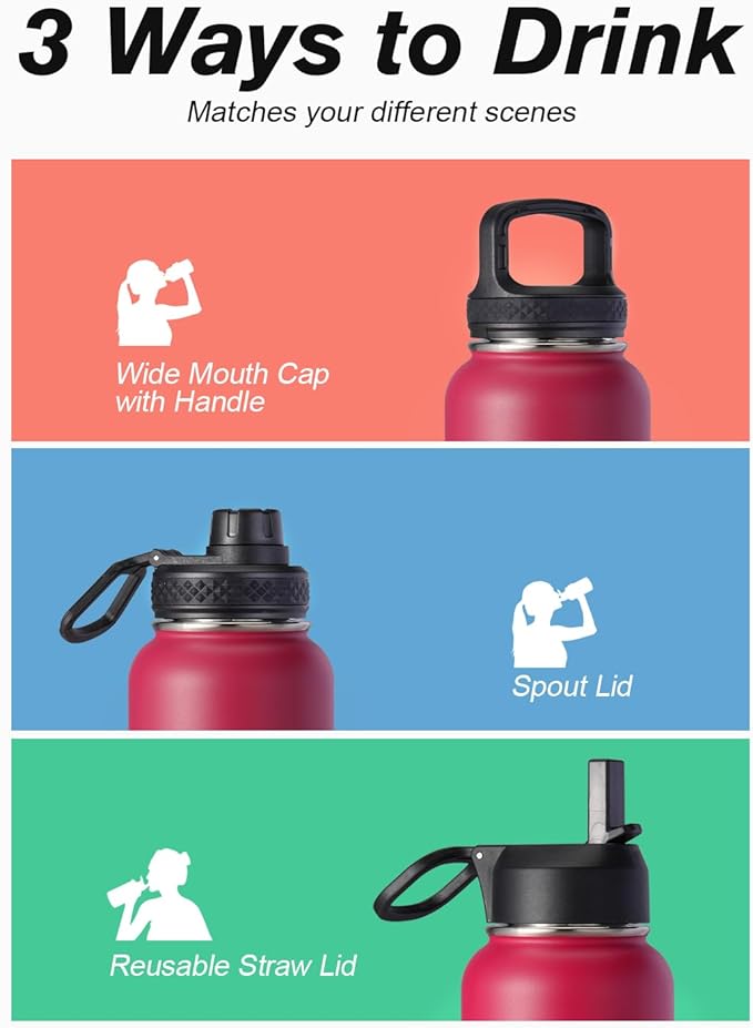 Water Bottle 40 oz Insulated with Straw&Brush, Coolflask Vaccum Stainless Steel Metal 3 Lids Water Flask for Sports, Gym or Office, Keep Cold 48H Hot 24H, Ombre Wine/Navy