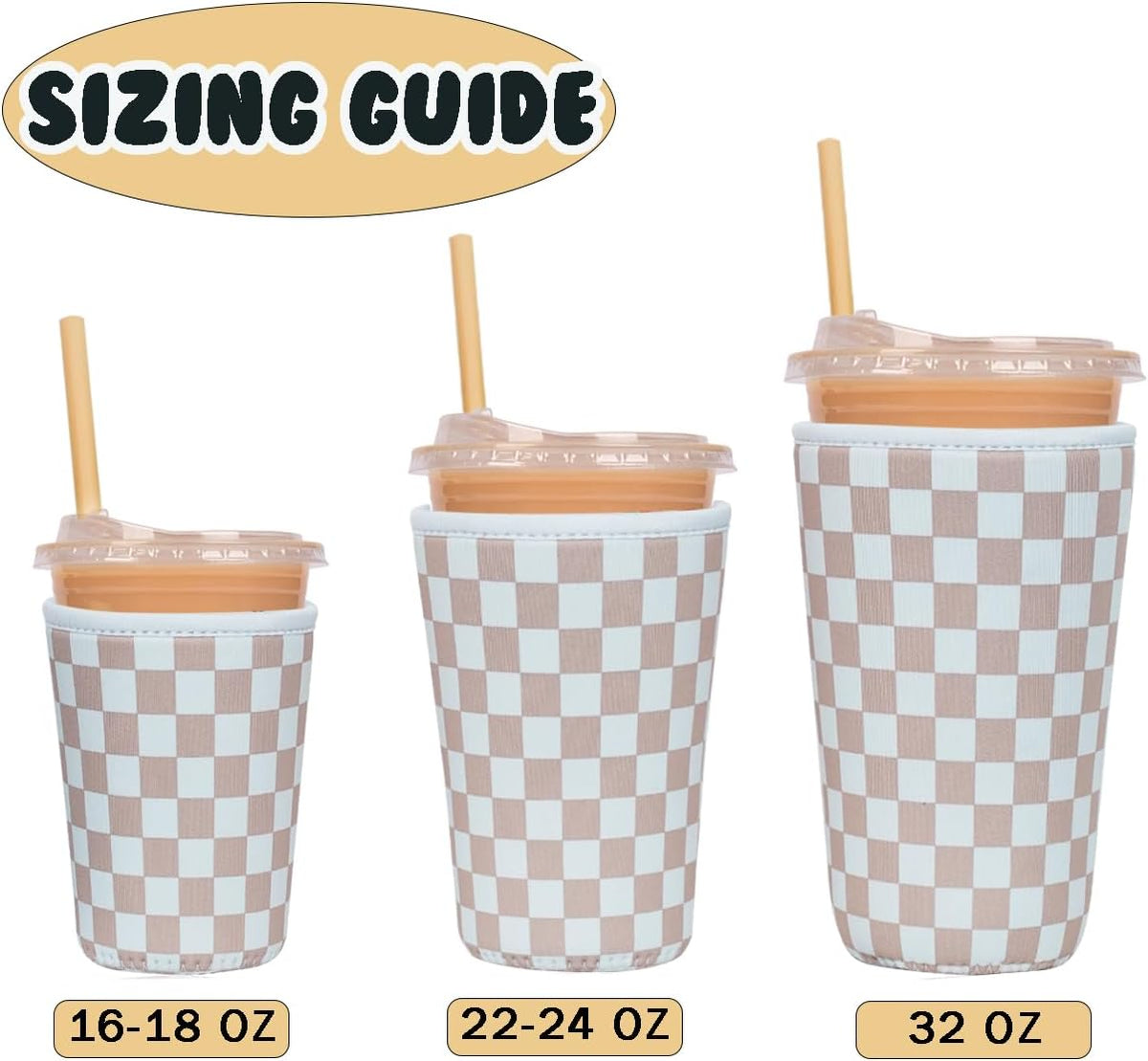 Reusable Insulated Neoprene Iced Coffee Cup Sleeve, Durable Drink Sleeve for Cold Beverages, Beverage Holder for Iced Coffee, Classic Checker