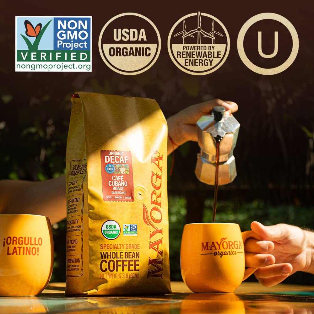 Mayorga Decaf Dark Roast 5lb Bag Cafe Swiss Water Decaffeinated Cubano Roast 100% Arabica Whole Coffee Beans - Smoothest Organic Coffee - Specialty Grade, Non-GMO, Direct Trade