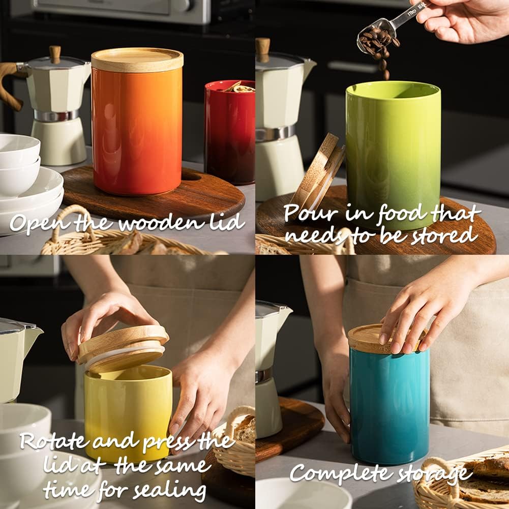 Sweejar Ceramic Food Storage Jar, Stackable Kitchen Canisters, Containers with Airtight Seal Wooden Lid for Serving Ground Coffee, Tea, Sugar, Salt and More - 16 Fl Oz (Gradient Blue)…