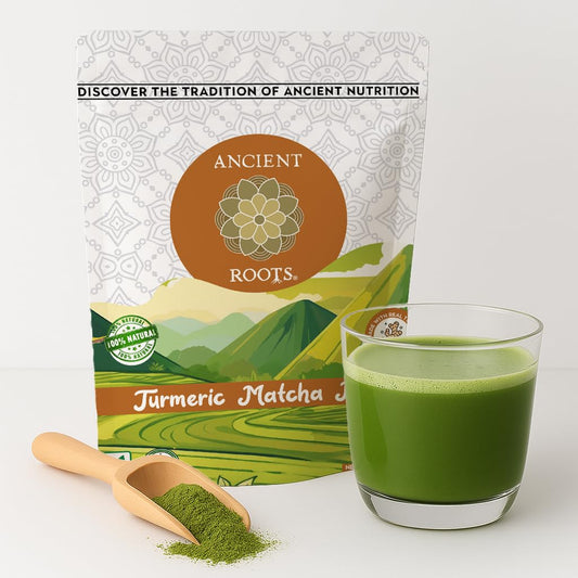 Ancient Roots Turmeric Matcha Mix - With Cinnamon, Ginger, and Black Pepper - All-Natural, Low-Calorie, Powdered Tea Mix, Sugar-Free 3.5 oz. Turmeric (33 servings)