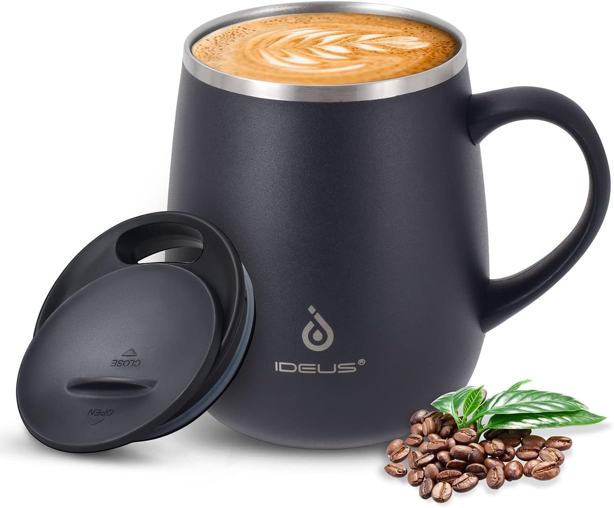 Ideus 16 oz Insulated Coffee Mug with Handle and Lid, Double Wall Stainless Steel Vacuum Thermal Coffee Mug, Travel Coffee Cup Thermal Cup for Home and Office, Storm Black