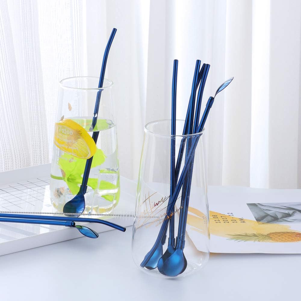 Straw Spoon, 8PCS 8.5inch Blue 18/8(304) Stainless Steel Metal Straws Reusable + 2 Brushes