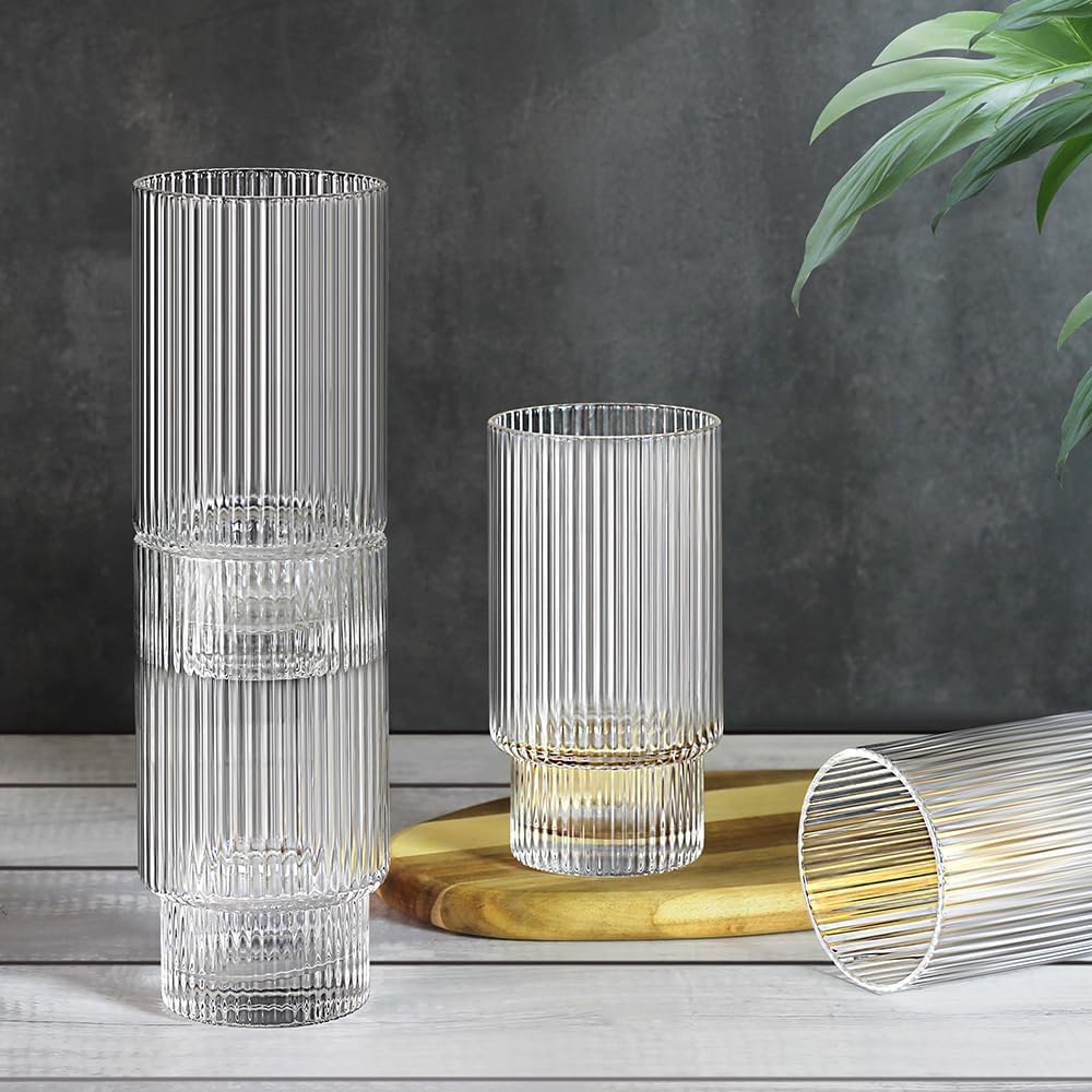 Ribbed Glassware Set of 4, 20oz Origami Style Drinking Glass Cup with Lid and Straw, Iced Coffee, Cocktail, Beer, Juice Stackable Drinking Glasses, Perfect for indoor and outdoor use