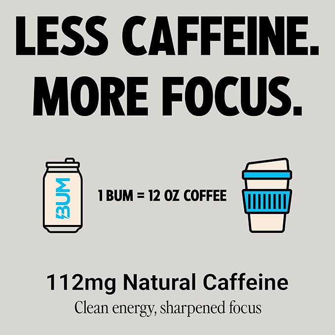 BUM Sugar-Free Energy Drink, Blue Snow Cone - Lightly Carbonated & No Artificial Colors, Natural Caffeine & Citicoline for Energy & Focus, Brain Boost & Workout Sports Beverage - 12 oz, Pack of 12