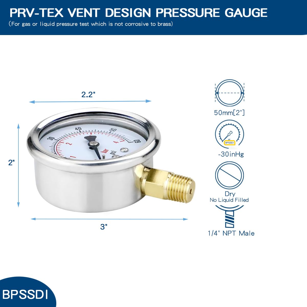 30inHg Vacuum Pressure Gauge, Water Pressure Gauge, 2.5" Dial Size, 1/4" NPT Lower Mount, 304 Stainless Steel Case, for Pneumatic Air Compressor RV Regulator Valve Test(with Tape)