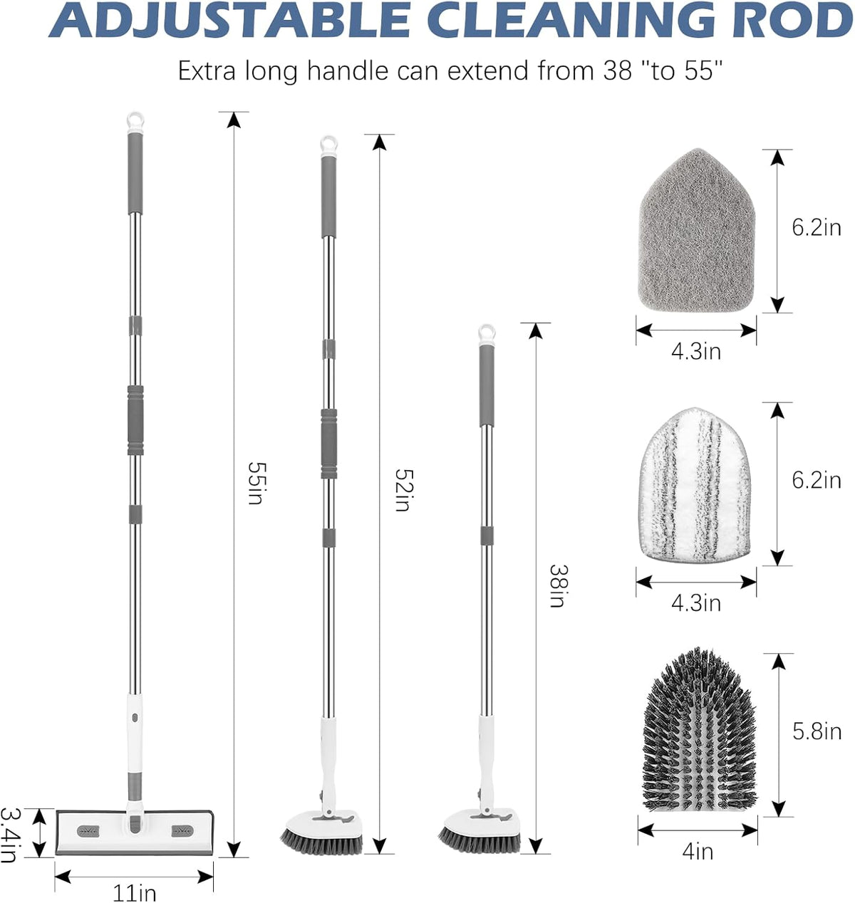 SetSail 4-in-1 Tile Tub Floor Scrubber with 52-inch Adjustable Long Handle Shower Cleaner Brush Comes with Window Scrubber and 3 Replacement Brush Heads for Cleaning Bathroom Kitchen Tub Tile, White