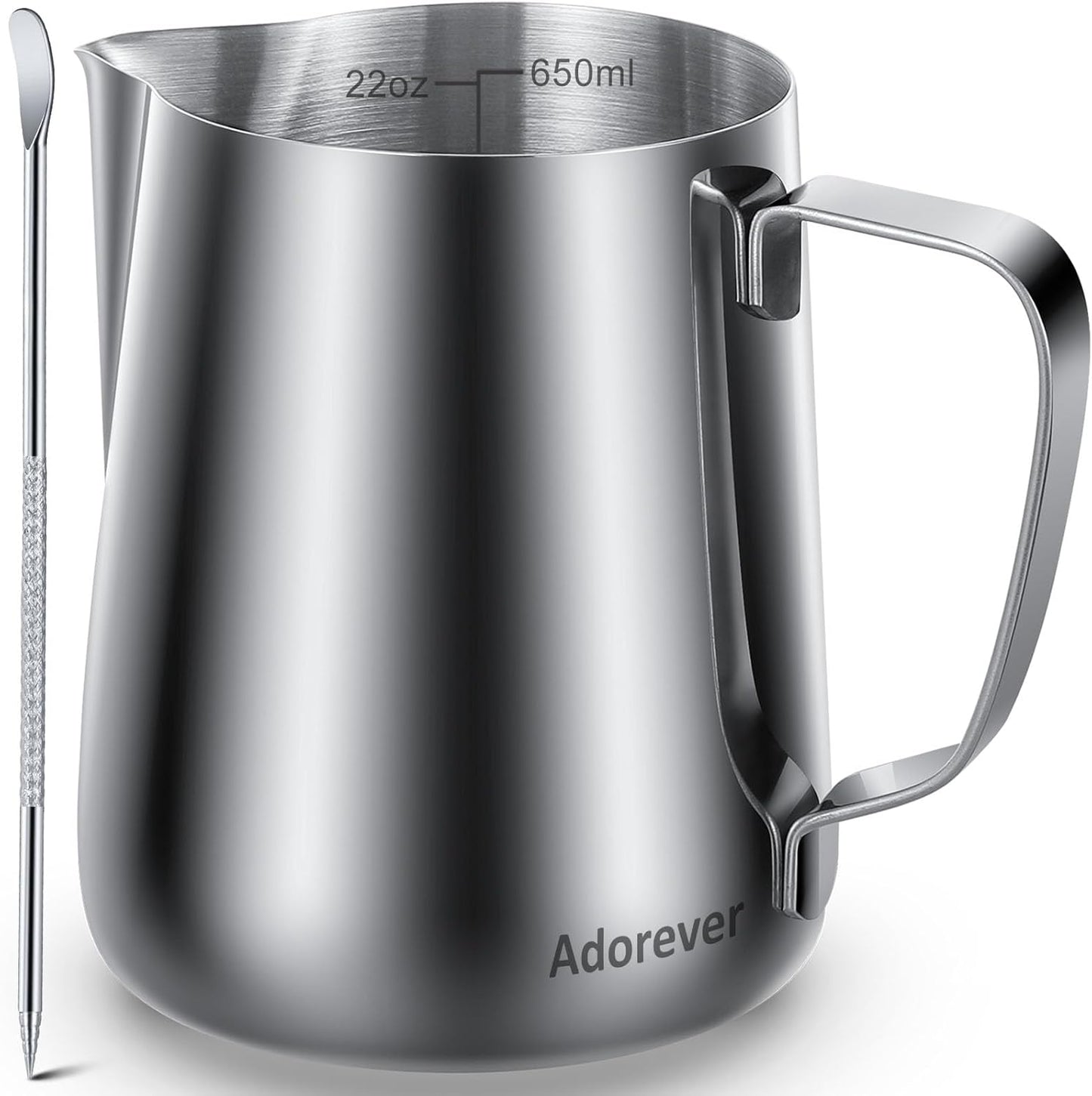 Milk Frothing Pitcher, 22oz 650ml Milk Frother Cup Stainless Steel Steaming Pitcher, Coffee Bar Cappuccino Espresso Machine Accessories Barista Tools, Metal Steamer Cup Mug Milk Jug with Latte Art Pen