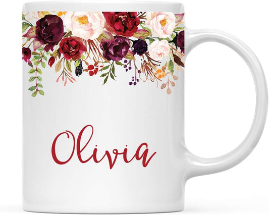 Andaz Press Personalized 11oz. Wedding Ceramic Coffee Tea Mug Bridesmaid Gift, Fall Autumn Marsala Burgundy Flowers Roses Florals, Olivia, 1-Pack, Includes Gift Box, Custom Name