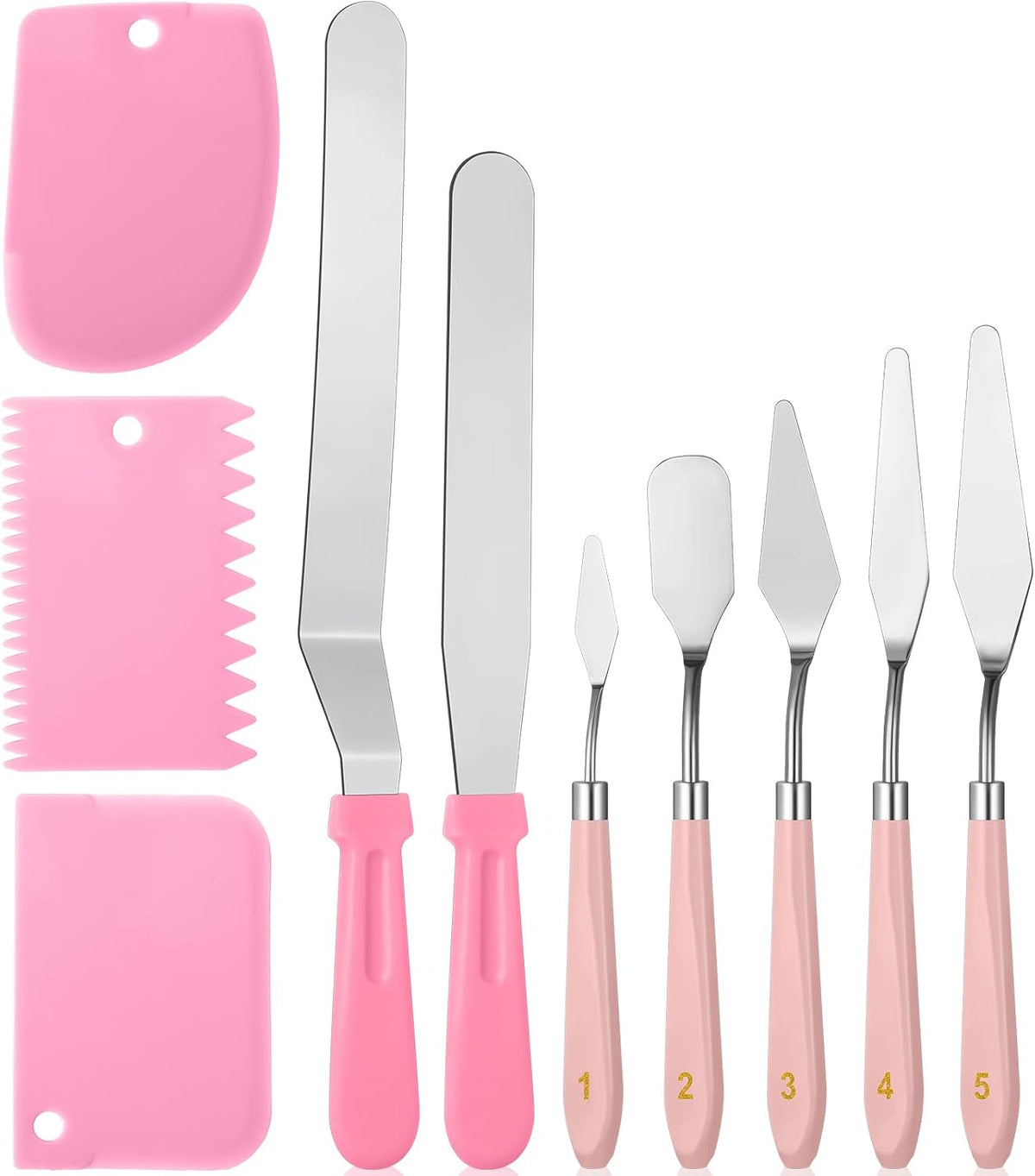 10 Pcs cake spatula set Decorating Kit Baking Supply Accessories Tools for Beginners and Pros Includes 2 Frosting Straight Angled Spatula 3 Icing Smoother Scrapers 5 Pieces Cream tools(Pink)