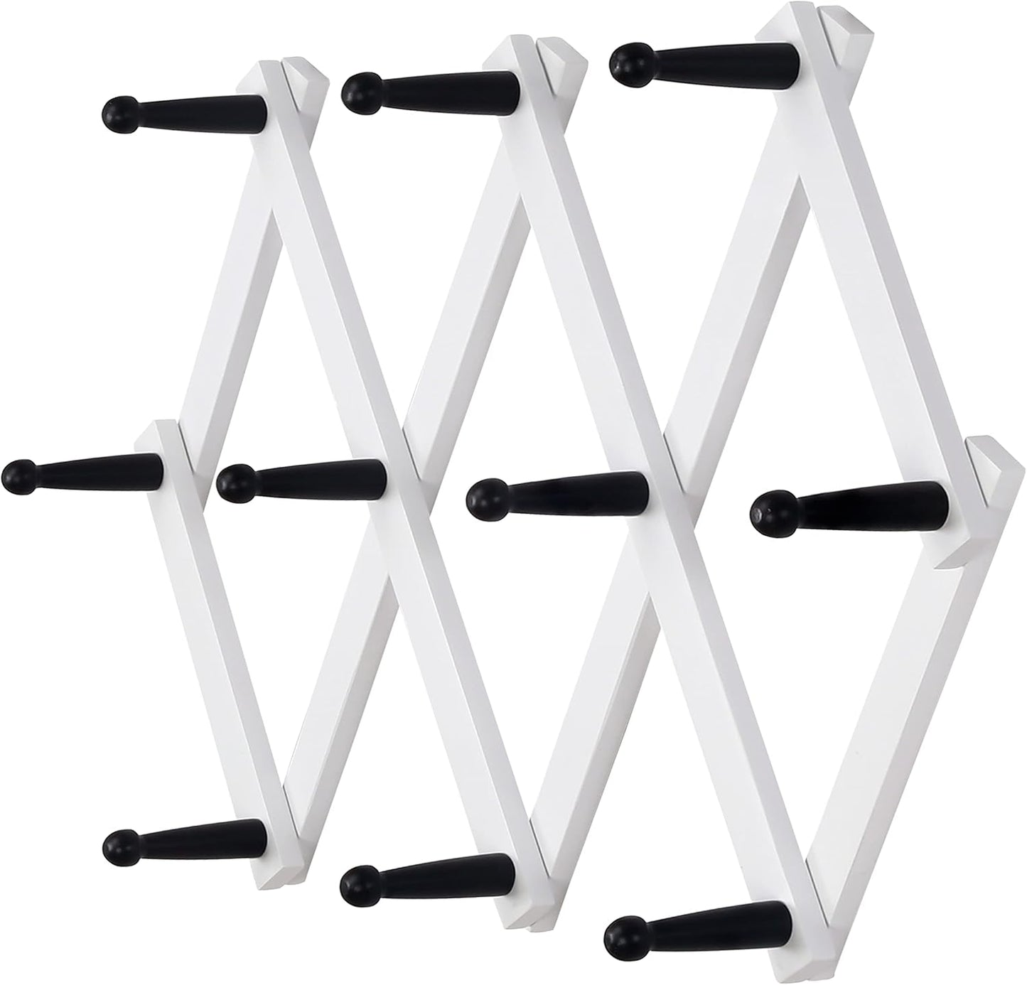 Dseap Accordian Wall Hanger: 16” High Wooden Wall Expandable Coat Rack, Hat Rack Holder, Accordion Hook for Baseball Caps, Coats, Mugs, 10 Peg Hooks, White & Black