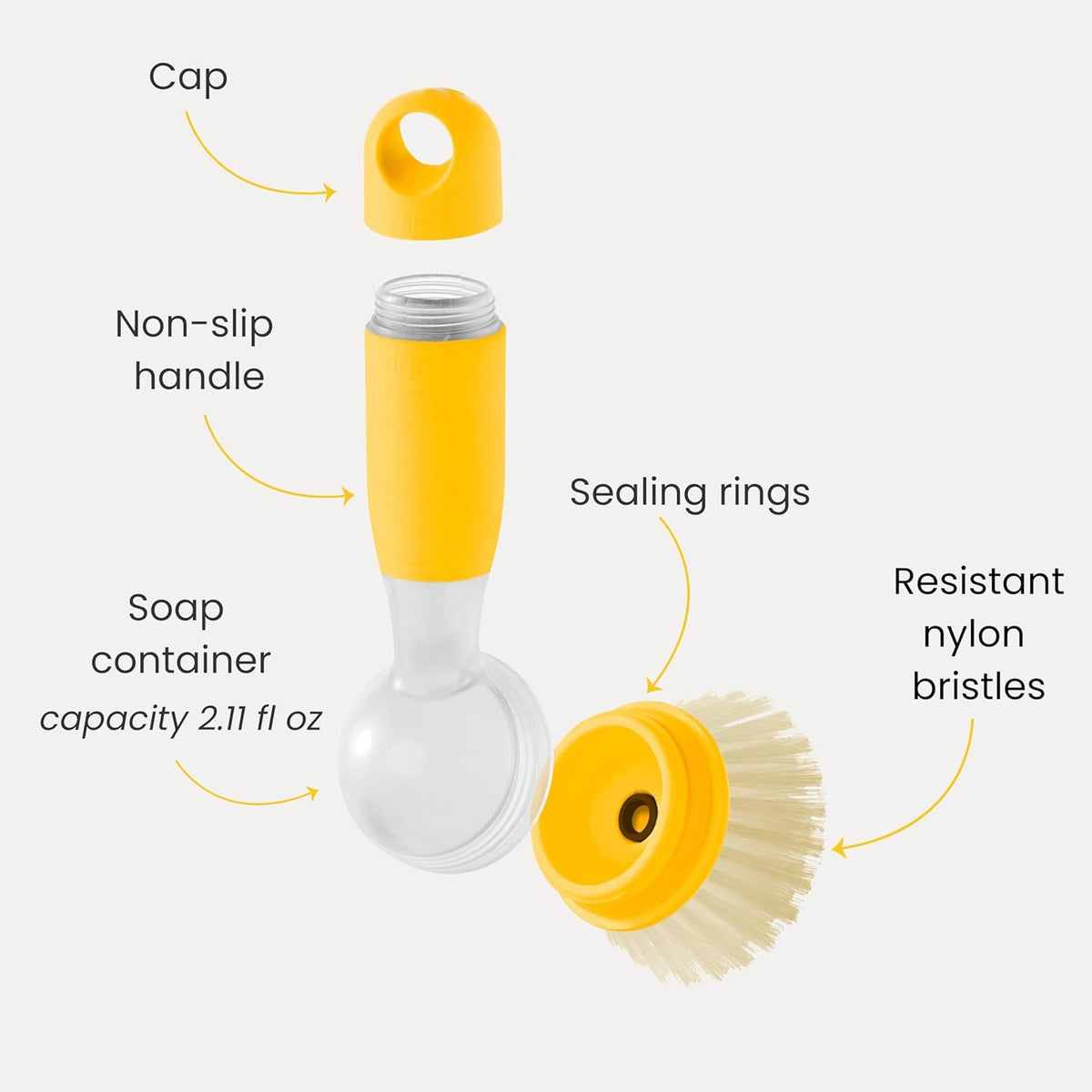 Vigar Rengo Soap Dispensing Dish Brush, Dish Brush with Soap Dispenser for Pot Scrubber, Dishes, Sink Cleaner, and Kitchen Essentials, Mustard