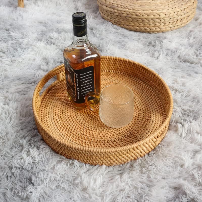 Round Rattan Serving Tray Decorative Woven Ottoman Trays with Handles for Coffee Table Natural (Small 11.8 inch x 2.4 inch)