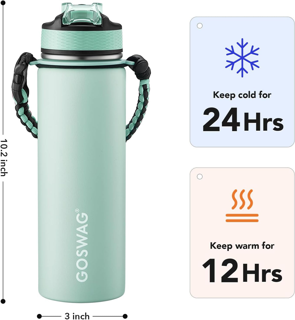 GOSWAG Insulated Sports Water Bottle, 24oz 2 Lids(with Straw/No Straw), Stainless Steel Water Bottles with Paracord Handle, Insulated Bottle with Double-Wall Vacuum Insulation