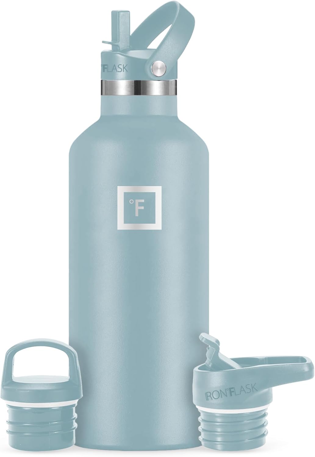IRON °FLASK Camping & Hiking Hydration Canteens - 3 Lids (Narrow Straw Lid) Leak Proof Vacuum Insulated Stainless Steel - Hot & Cold Double Walled Sports Water Bottle - Elemental Gray, 32 Oz