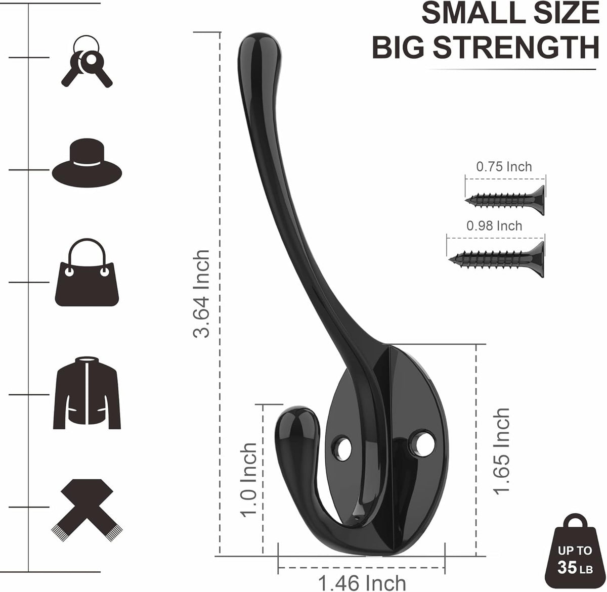 Coat Hooks | Wall Mount Coat Hangers | Black Metal Hooks for Wall with 20 Screws (10Pack)