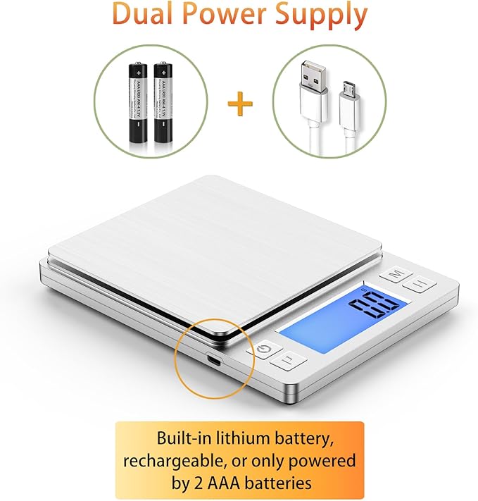 BOMATA Upgraded Small Food Scale, 0.1 g/0.001 oz High Precision, 3000 g/6.6 lb, with New Hold Function and Larger Display, USB Rechargeable, Digital Kitchen Scale for Small Item, Jewelry. Sliver