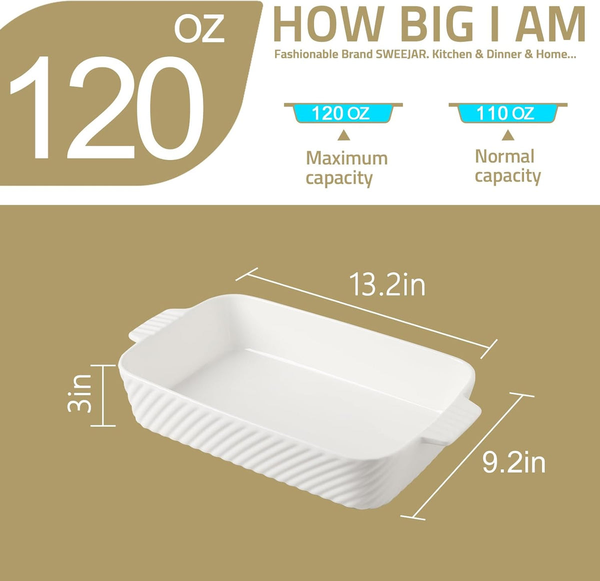 Sweejar Ceramic 13 x 9 Baking Pan, Cake Baking Dish for Brownie, Porcelain Striped Casserole Dishes for Oven with Handle for Lasagna, Family Dinner(Beige)