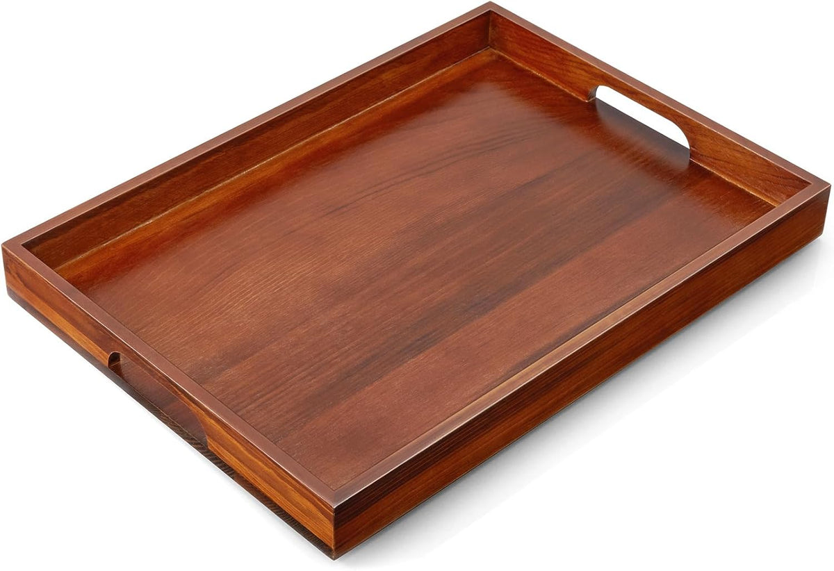 17 Inch Brown Serving Tray with Handles, Large Wooden Tray for Ottoman, Breakfast in Bed, Coffee Table, Dinner, Rectangular Wood Tray for Living Room Bedroom Entryway and Kitchen