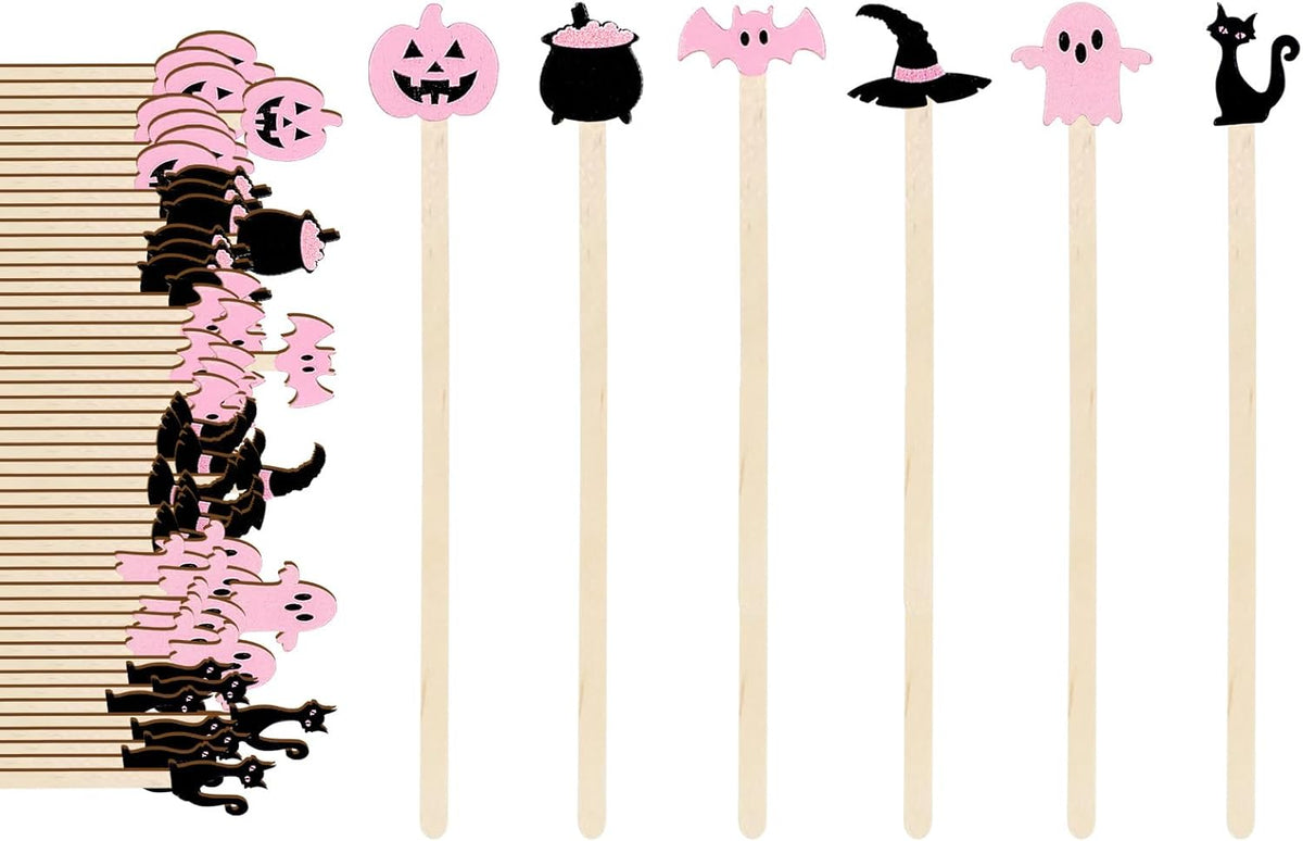 120Pcs Halloween Coffee Stirrers Disposable Pink Black Ghost Bat Cat Pumpkin Stir Sticks Wooden Drink Stirrer for Hot Chocolate Milkshake Restaurant Home Office