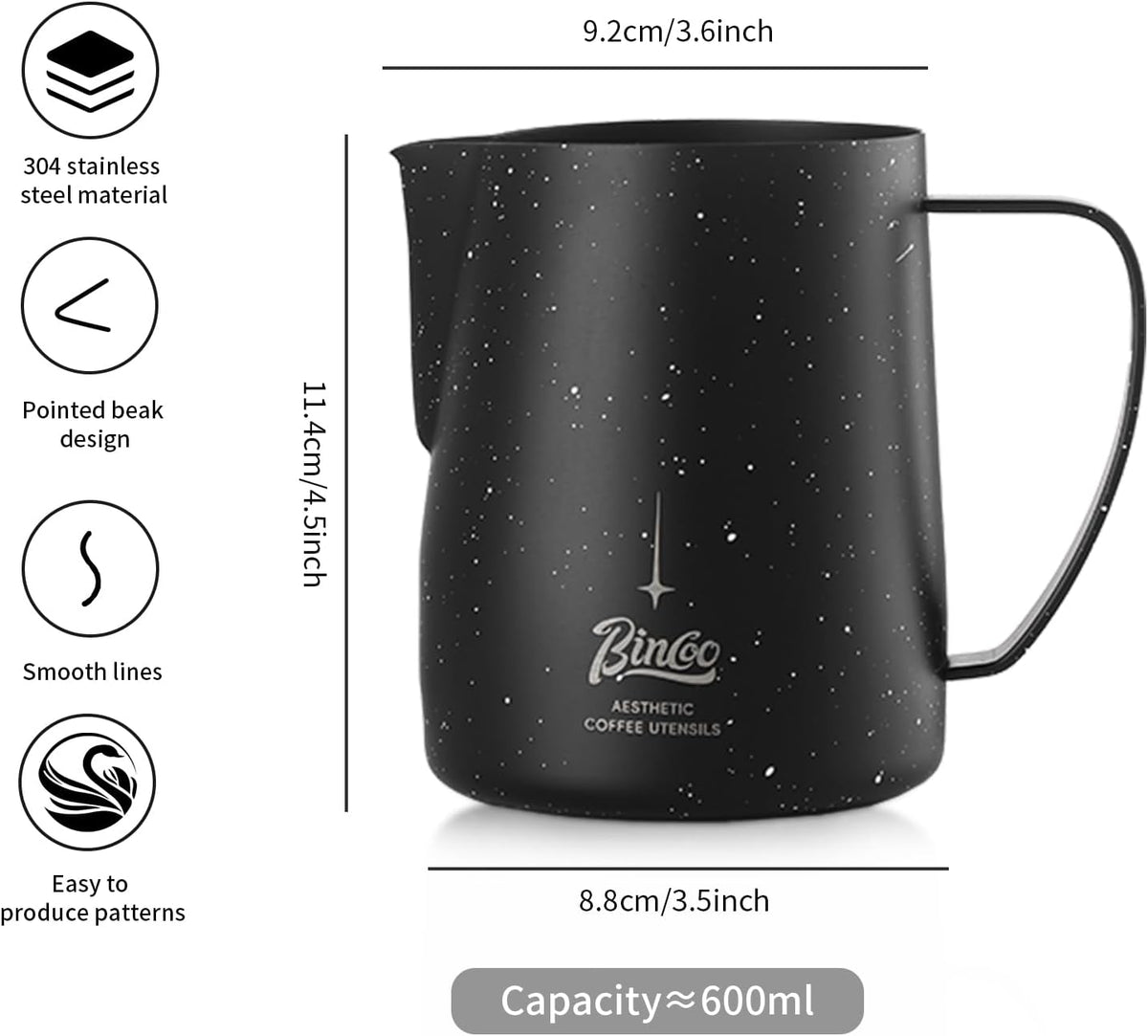 Bincoo Star Milk Frothing Pitcher 21oz/600ml,Espresso Steaming Pitcher,Espresso Machine Accessories,Milk Frother cup,Milk Coffee Cappuccino Latte Art for Home Coffee Bar(Black 20oz)