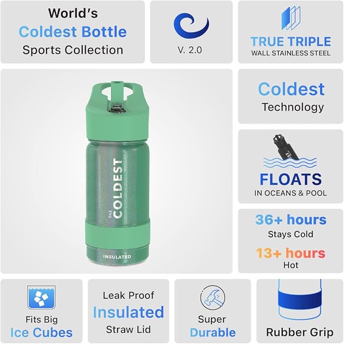 Coldest Insulated Water Bottle with Straw Lid - Stainless Steel Metal Insulated Bottle for Men & Women (Green Aurora Glitter, 14 oz)