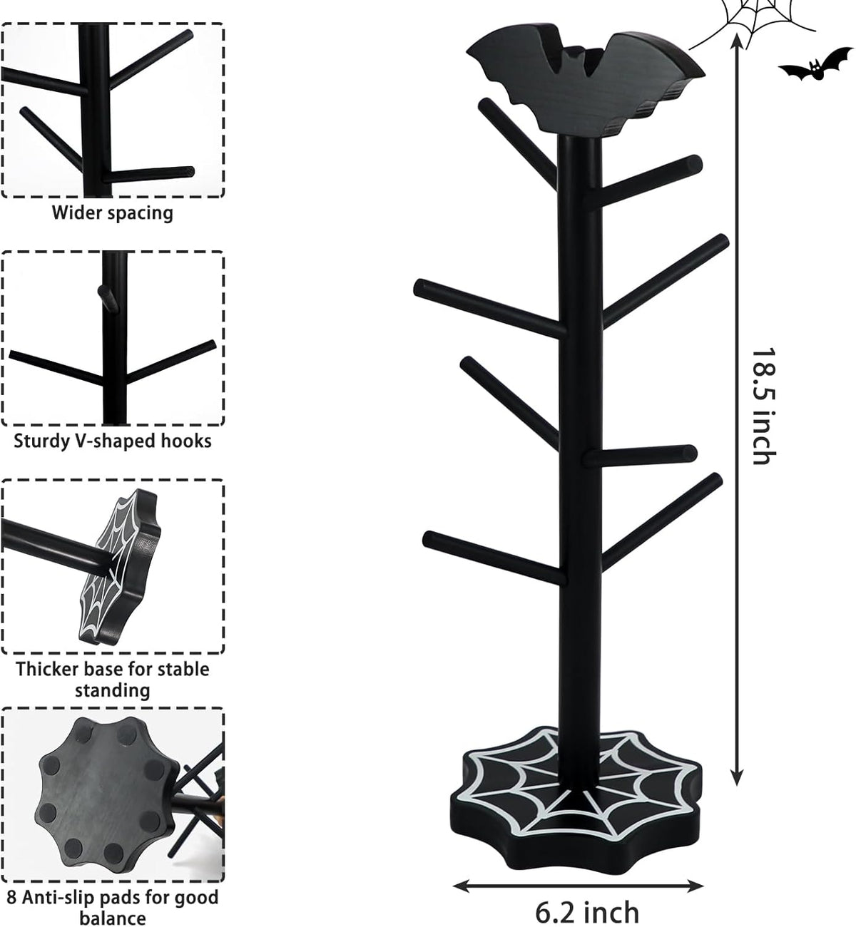 Bat Mug Holder Tree - 8 Hooks Coffee Mug Rack - Gothic Home Decor Wood Coffee Mug Tree for Countertop - Coffee Cup Holder for Halloween Kitchen Organizer & Coffee Bar Accessories (Spider Web)