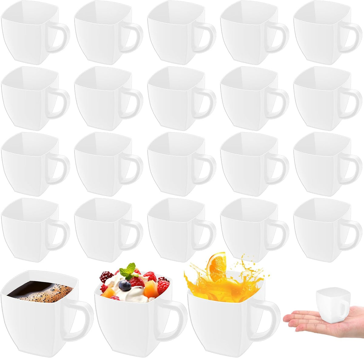 Amyhill 50 Pcs Disposable Tea Cups Mini Plastic Tea Cup Bulk with Handle Hard Plastic Coffee Mug Disposable Square Espresso Mug for Party Catering (White)