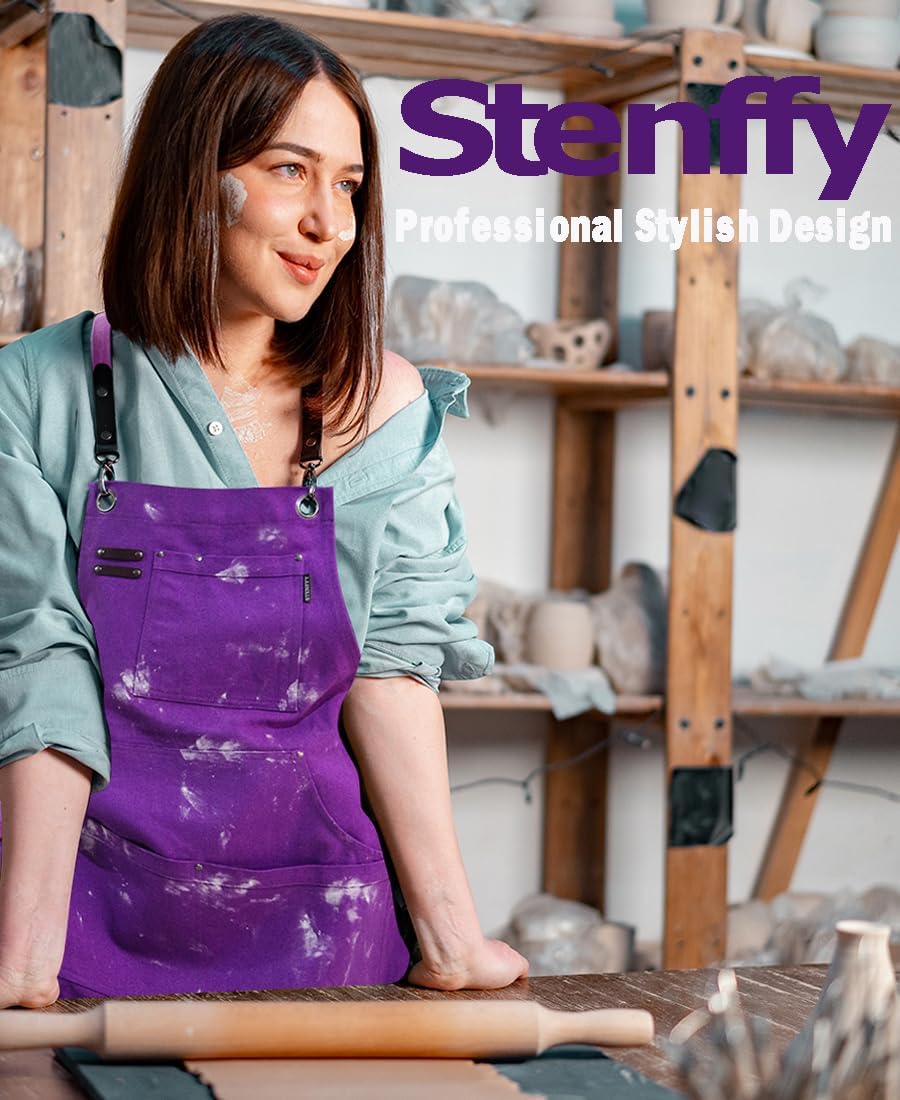 5 Pack Kitchen Apron, Work Apron, Canvas, Multiple Pockets, Gardening, Painting, BBQ, Artist, Carpenter, Sizes M to XXL, Purple