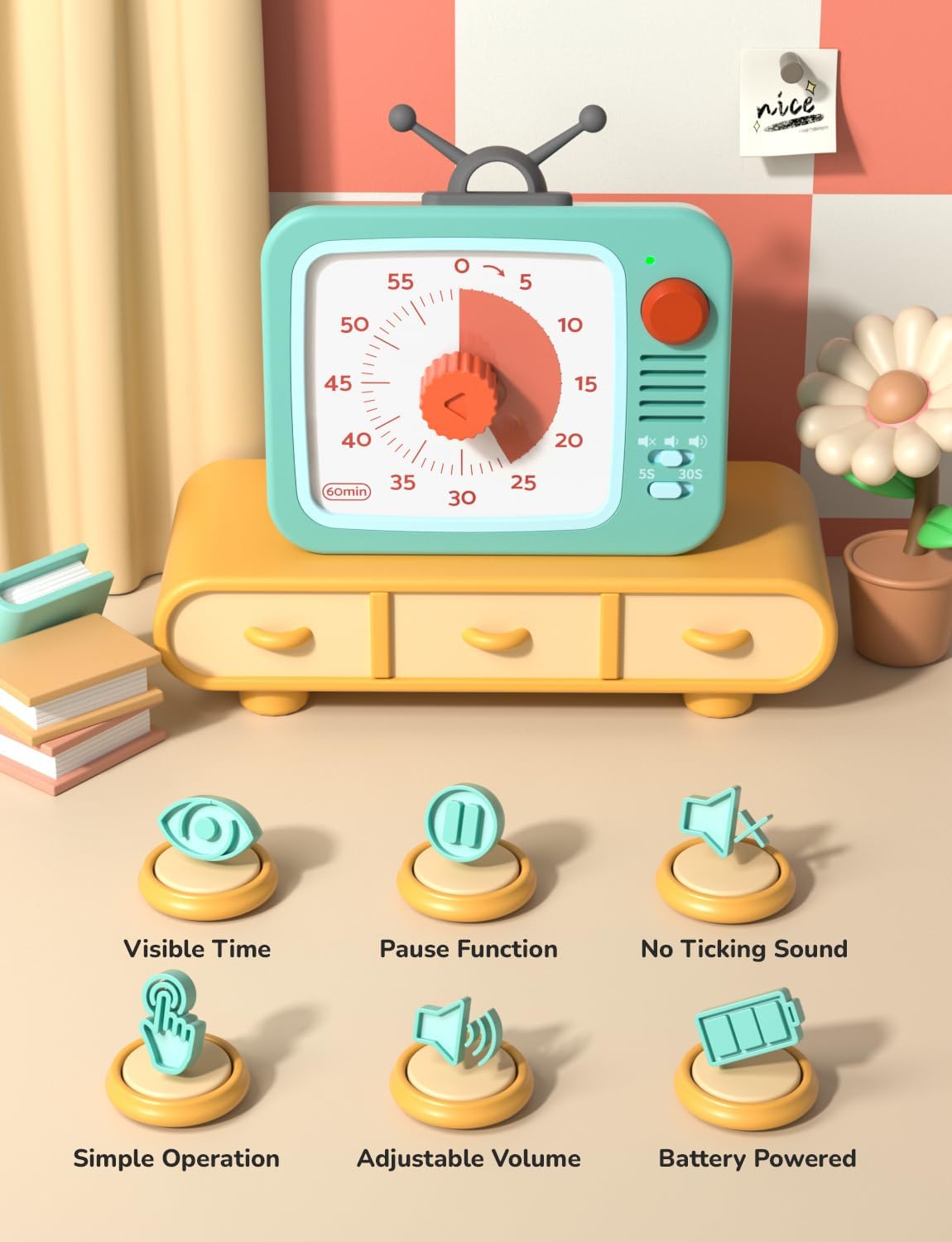 LIORQUE Visual Timer for Kids, 60-Minute Countdown Timers for Classroom Office Kitchen with Silent Operation, Kids Timer for Teaching with Cute Design