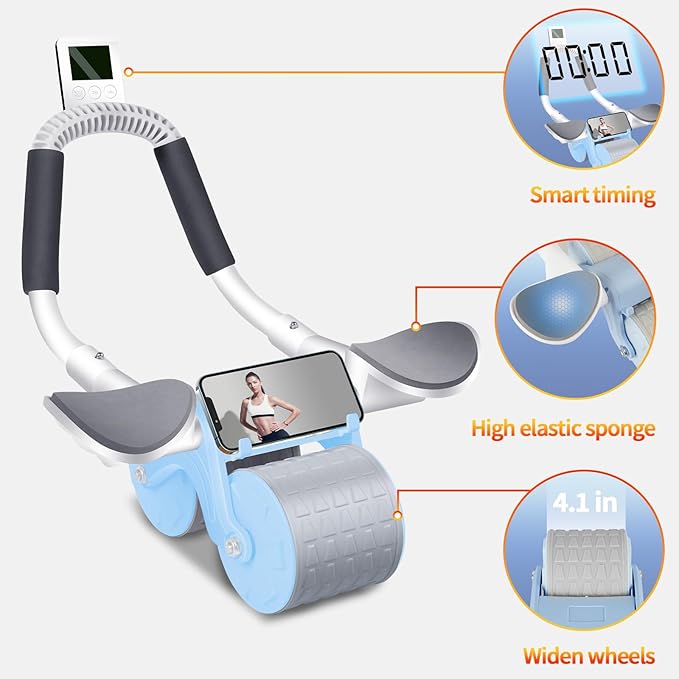 Ab Roller Wheel with Timer & Knee Mat, Home Workout Auto Rebound Abdominal Wheel with Elbow Support - Core Workout Equipment for Strengthening Abs, Home Gym Exercise for Women & Men