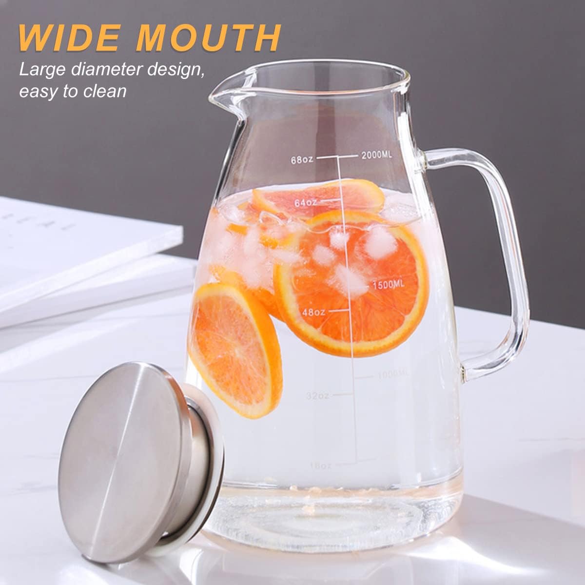 Joeyan 2 Liter 68oz Glass Pitcher with Lid, Large Heat Resistant Glass Water Carafe with Handle and Scale Line for Hot/Cold Drinks- Water, Cold Brew, Iced Tea & Juice, Including Long-Handled Brush