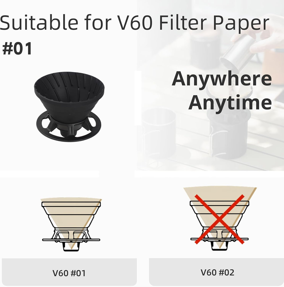 Collapsible Coffee Dripper, Silicone Reusable Coffee Filter Holder, Pour Over Coffee Dripper for Camping, Business Trip, Single Pour Over Coffee Maker (Black)
