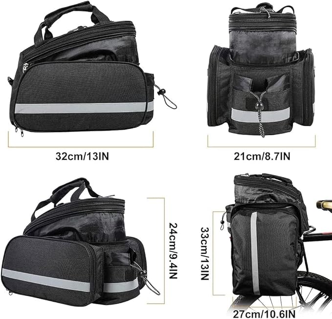 Bike Rear Rack Bag,10-25L Bicycle Trunk Bag with Rain Cover, Pannier Bike Bag with 2 Side Foldable Panniers, with Reflective Strips and Shoulder Strap, for Shopping,Cycling,Trip (Black)