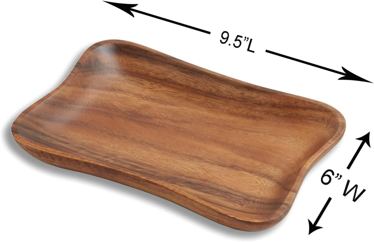 Woodard & Charles Set of 4 Acacia Wood Pinched Tray for Charcutreie, Sushi, Dessert, Sandwiches and More, 9.5" x 6" x 0.75"