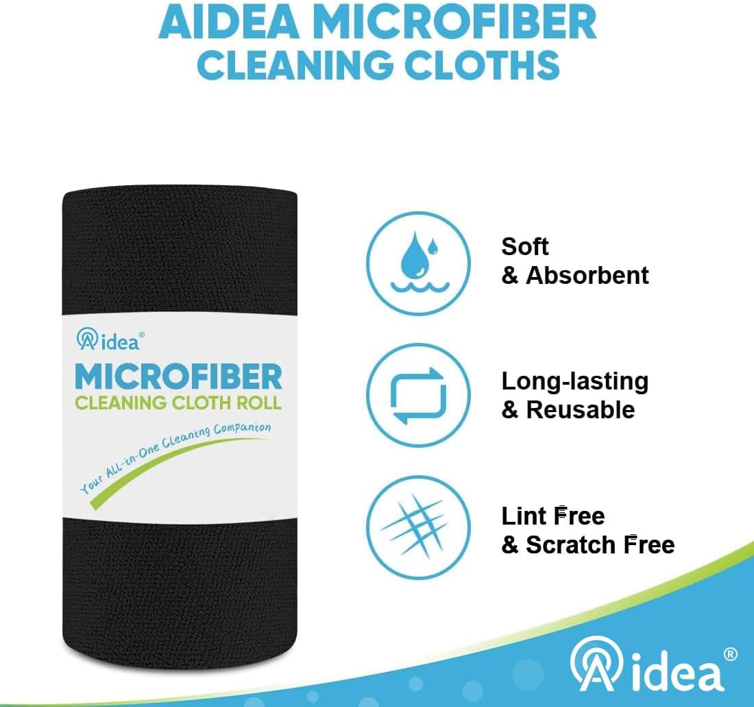 AIDEA Microfiber Cleaning Cloth 165 Sheets 3 Roll, Black Microfiber Towels for Cars, Shop Rags Washable, Cleaning Rags Reusable Paper Towels for Automotive, Mechanic, Workshops, House, 11×9"