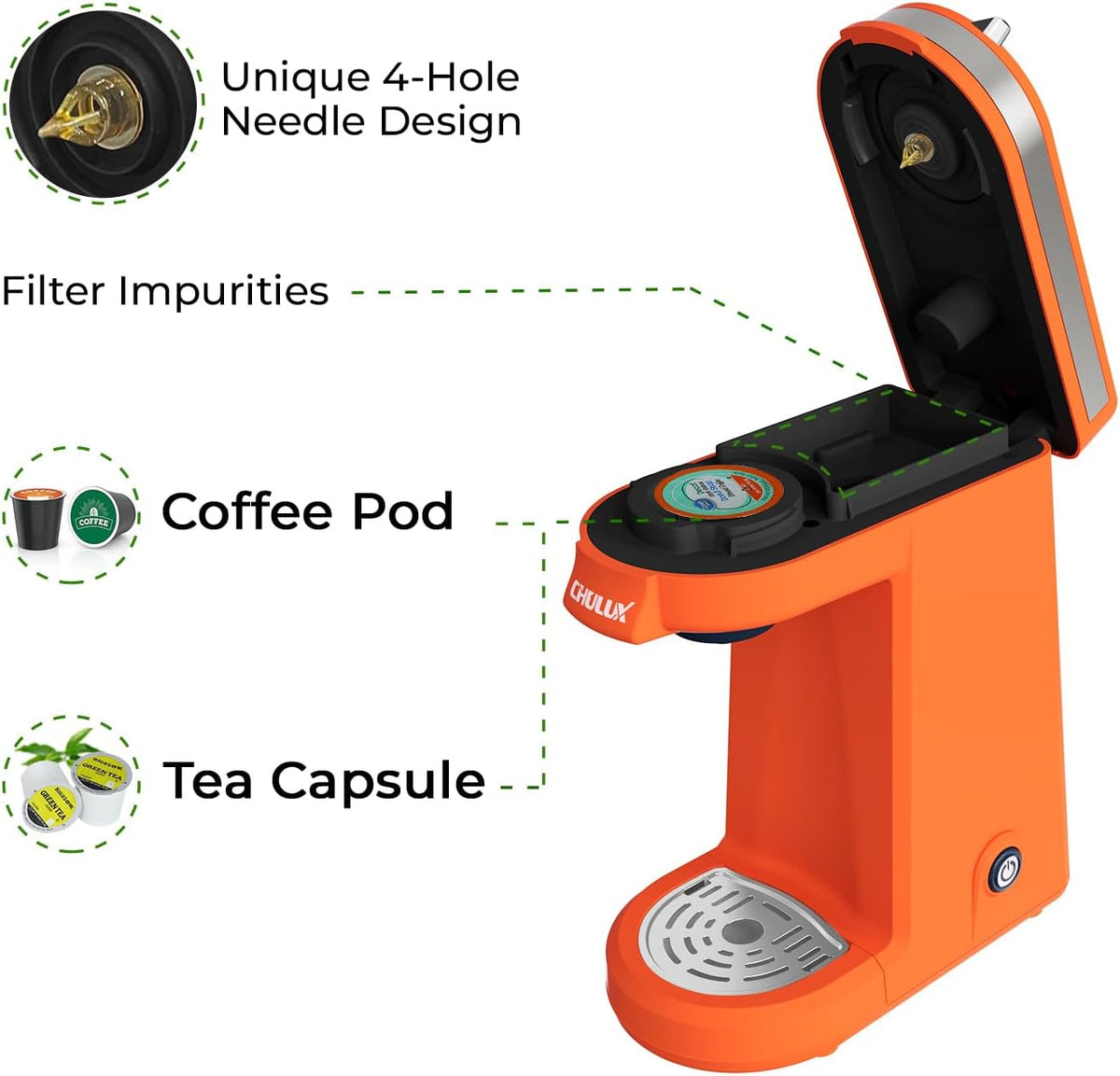 CHULUX Single Serve Coffee Maker for K Capsule, Mini Coffee Maker for One Cup Americano, Lightweight Pod Coffee Machine, Orange