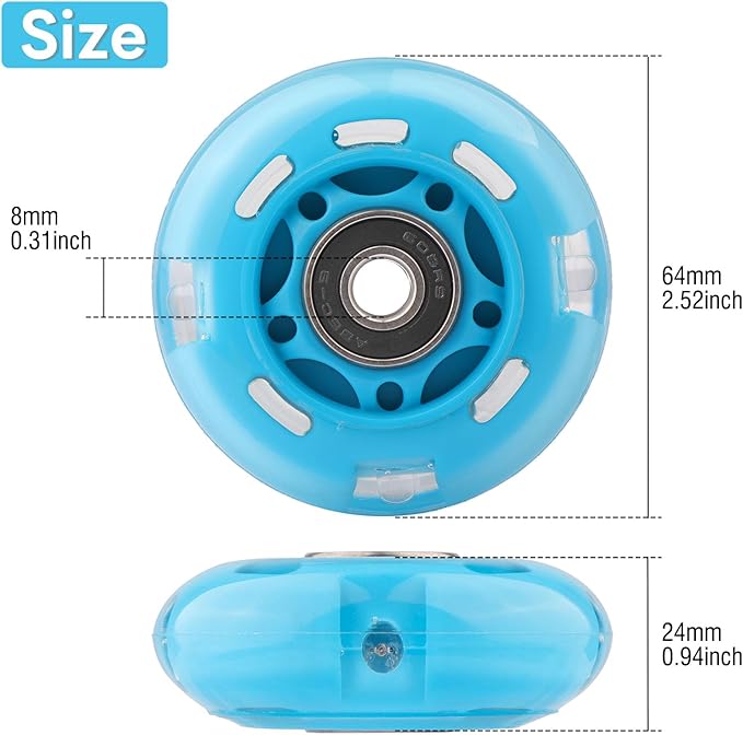 8pcs Inline Skate Wheels Led Light-Up Wheels 64/70/72/76/80mm w/Bushings 85-88A for Kids and Youth Beginners Children's Inline Skates Indoor/Outdoor Use (Blue, 70mm)