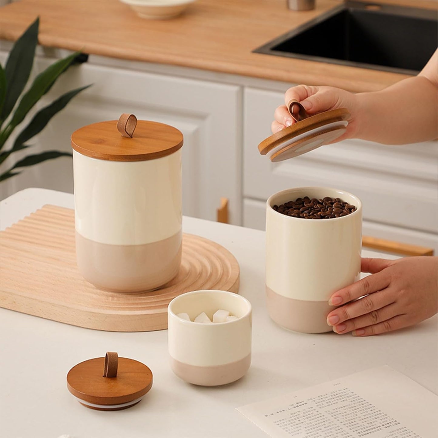 Coffee Canister, Ceramic Food Storage Jars with Lids Salt Matcha Container Brown Sugar Container Bowl for Kitchen Tea, Coffee Beans, Spice (#001Khaki-9oz/260ml)